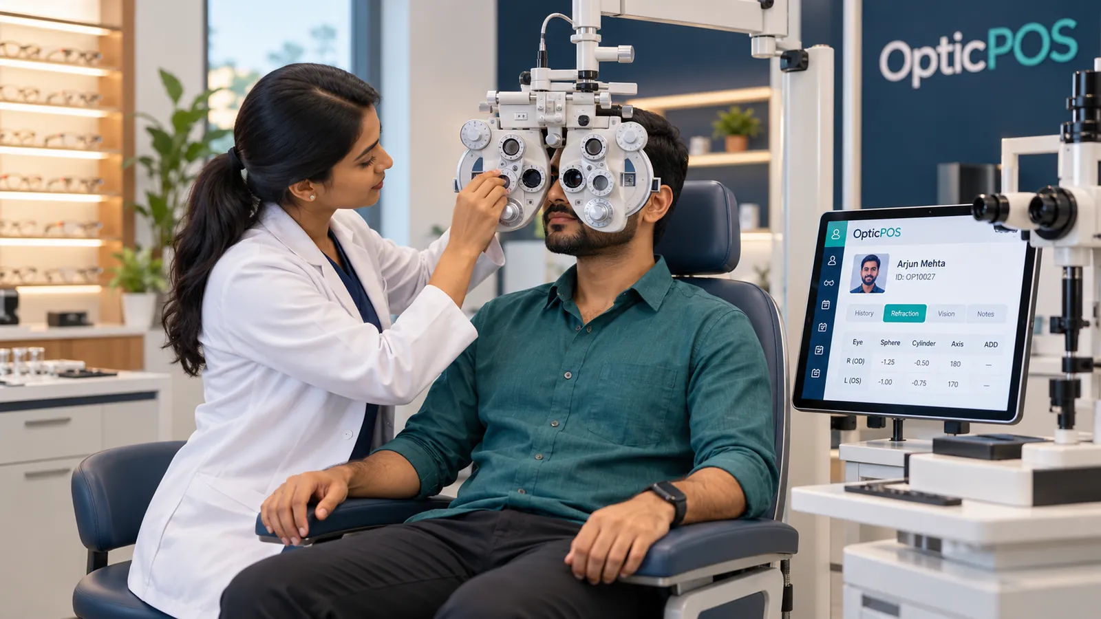 An optometrist runs an eye examination with a phoropter while the OpticPOS screen beside them shows the customer profile