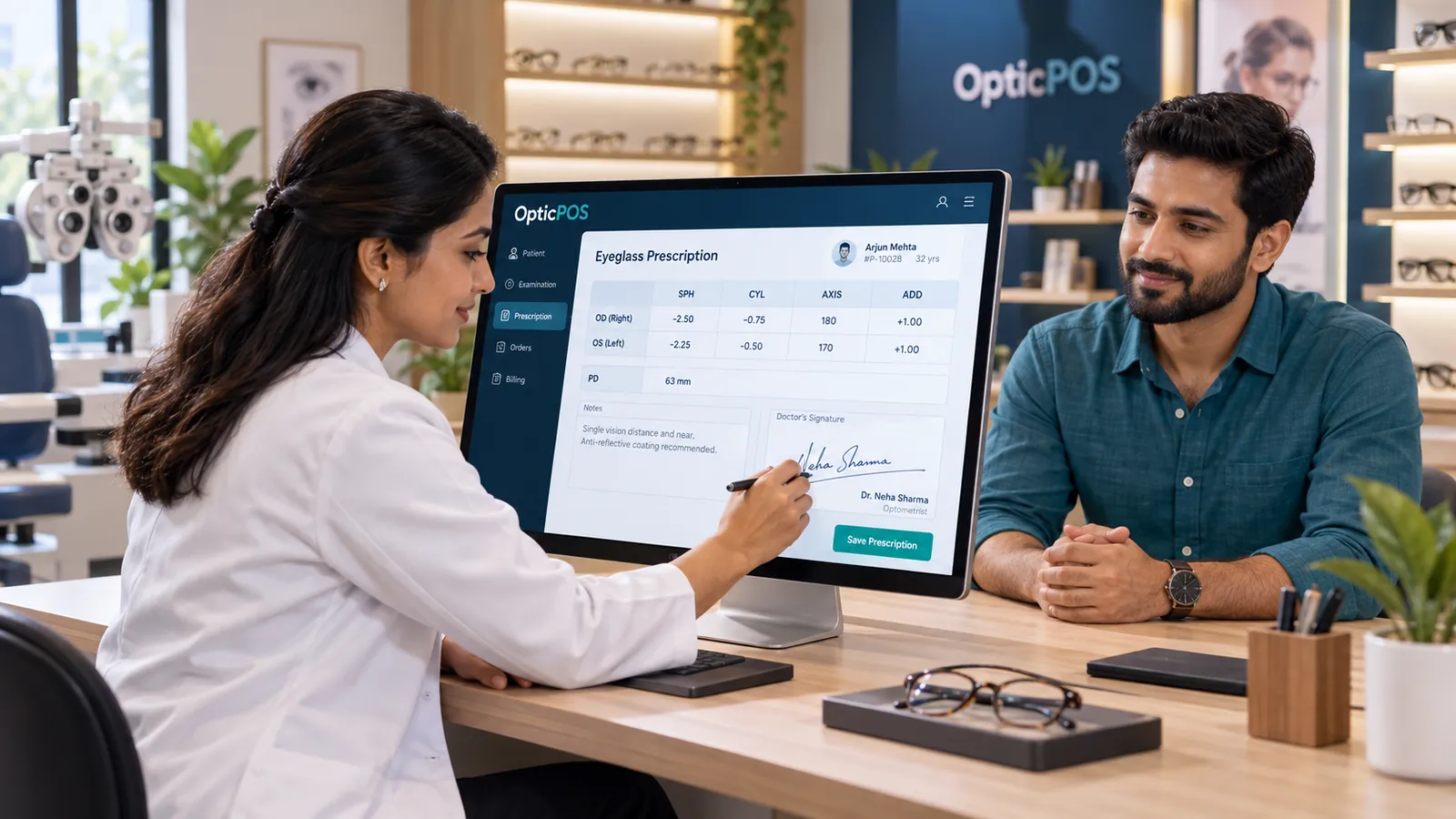 The optometrist signs an eyeglass prescription on the OpticPOS screen while the customer watches