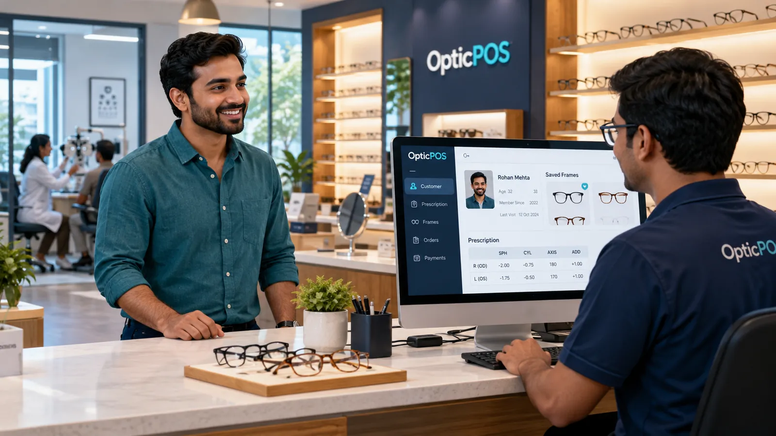 At the counter, a staff member opens the customer record on the OpticPOS screen as the customer smiles