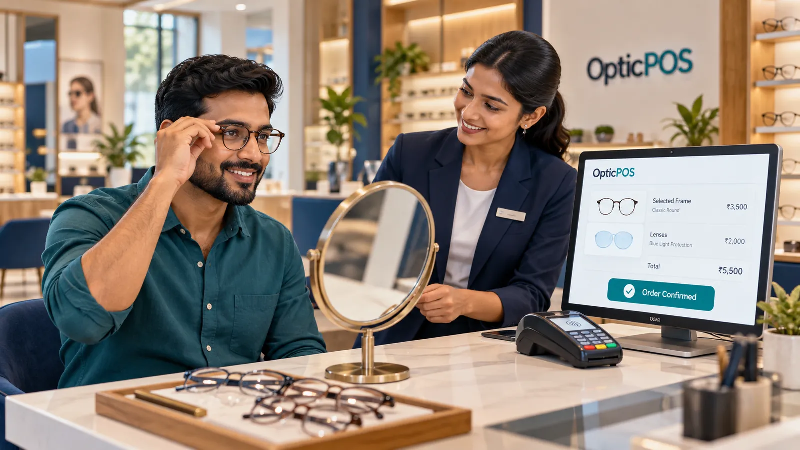 The customer tries on glasses in a mirror while staff confirm the order and payment on the OpticPOS screen