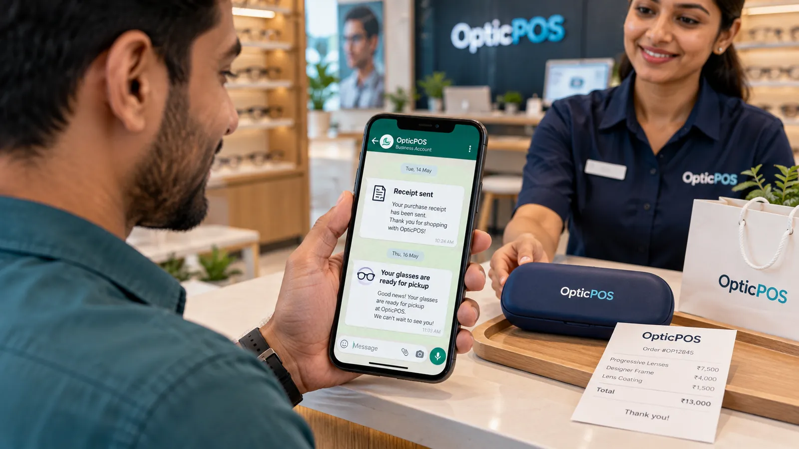 Close-up of the customer's phone showing a WhatsApp receipt and a message that his glasses are ready for pickup