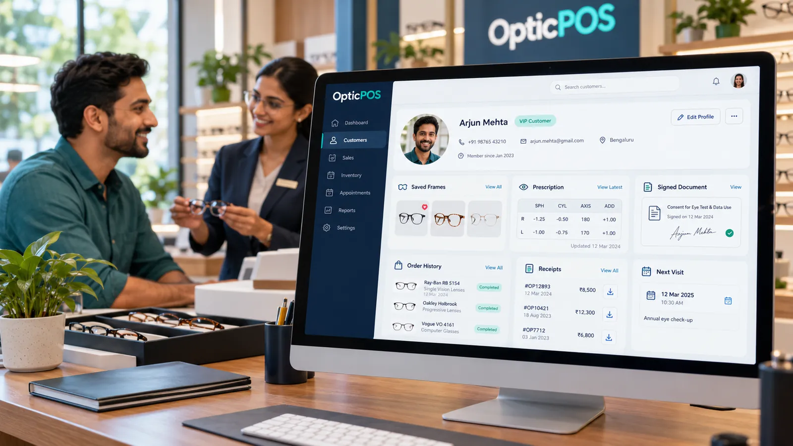 The OpticPOS customer profile showing contact details, saved frames, prescription, signed document, order history, receipts and next visit
